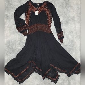 Free People Black Embroidered Boho Midi Handkerchief Hem Peasant Dress, XS